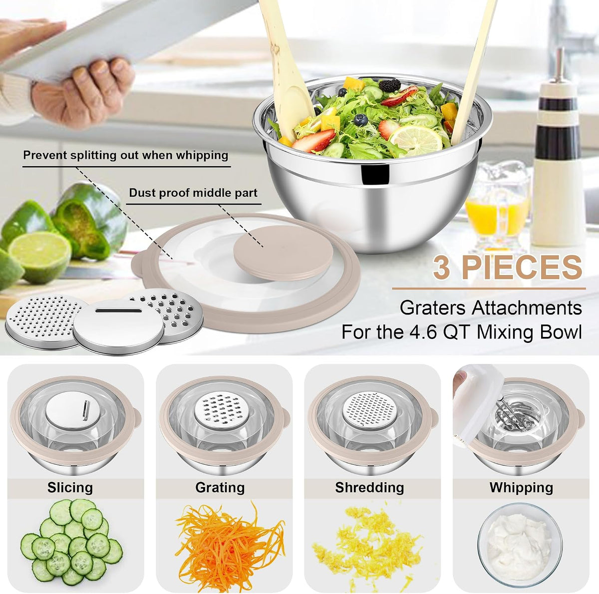 Mixing Bowls, Stainless Steel Salad Mixing Bowl with Lid & Grater Set