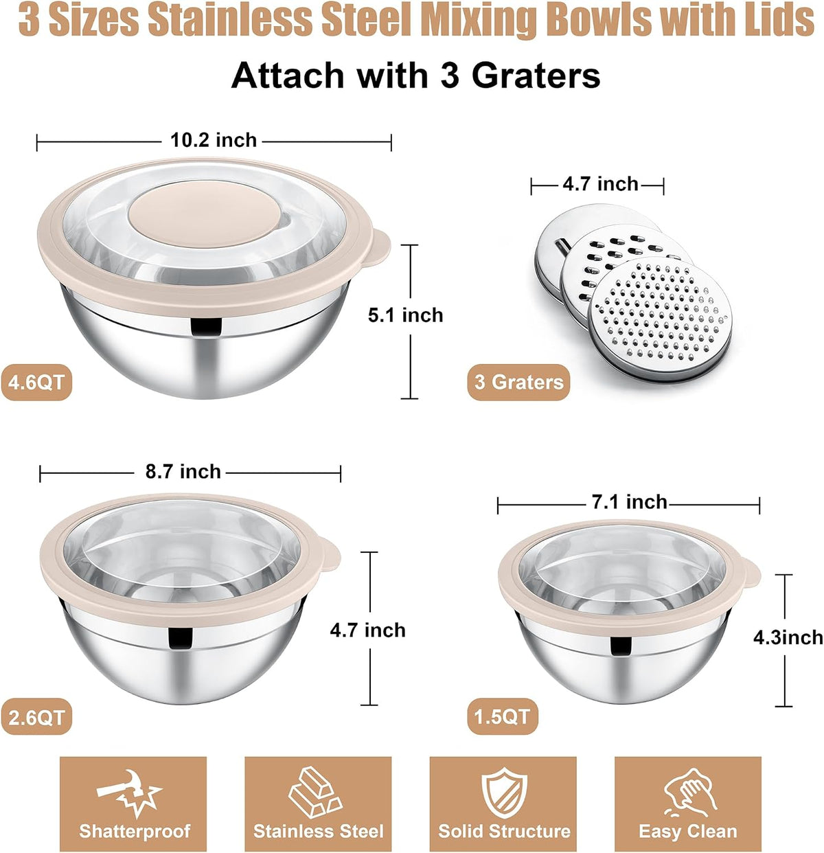 Mixing Bowls, Stainless Steel Salad Mixing Bowl with Lid & Grater Set