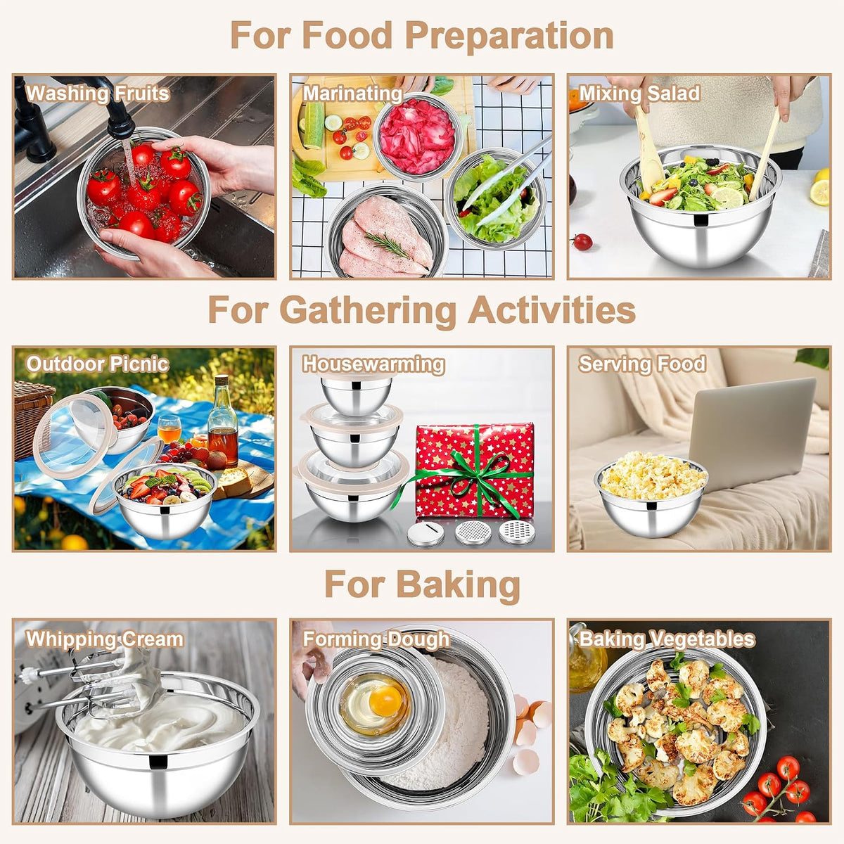 Mixing Bowls, Stainless Steel Salad Mixing Bowl with Lid & Grater Set