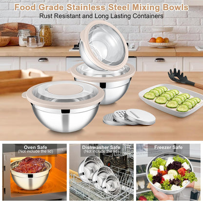 Mixing Bowls, Stainless Steel Salad Mixing Bowl with Lid & Grater Set