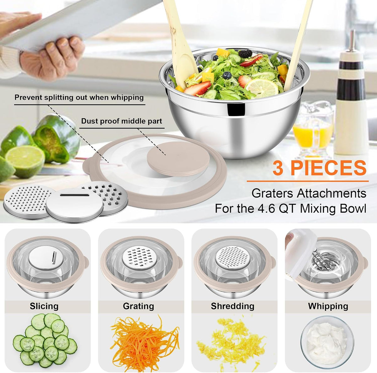 Mixing Bowls, Stainless Steel Salad Mixing Bowl with Lid & Grater Set