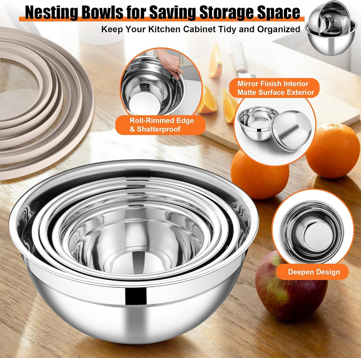 Mixing Bowls, Stainless Steel Salad Mixing Bowl with Lid & Grater Set