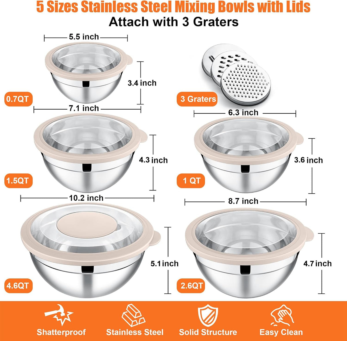Mixing Bowls, Stainless Steel Salad Mixing Bowl with Lid & Grater Set