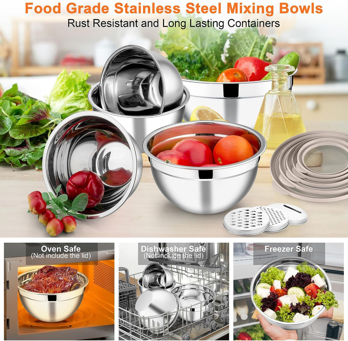 Mixing Bowls, Stainless Steel Salad Mixing Bowl with Lid & Grater Set
