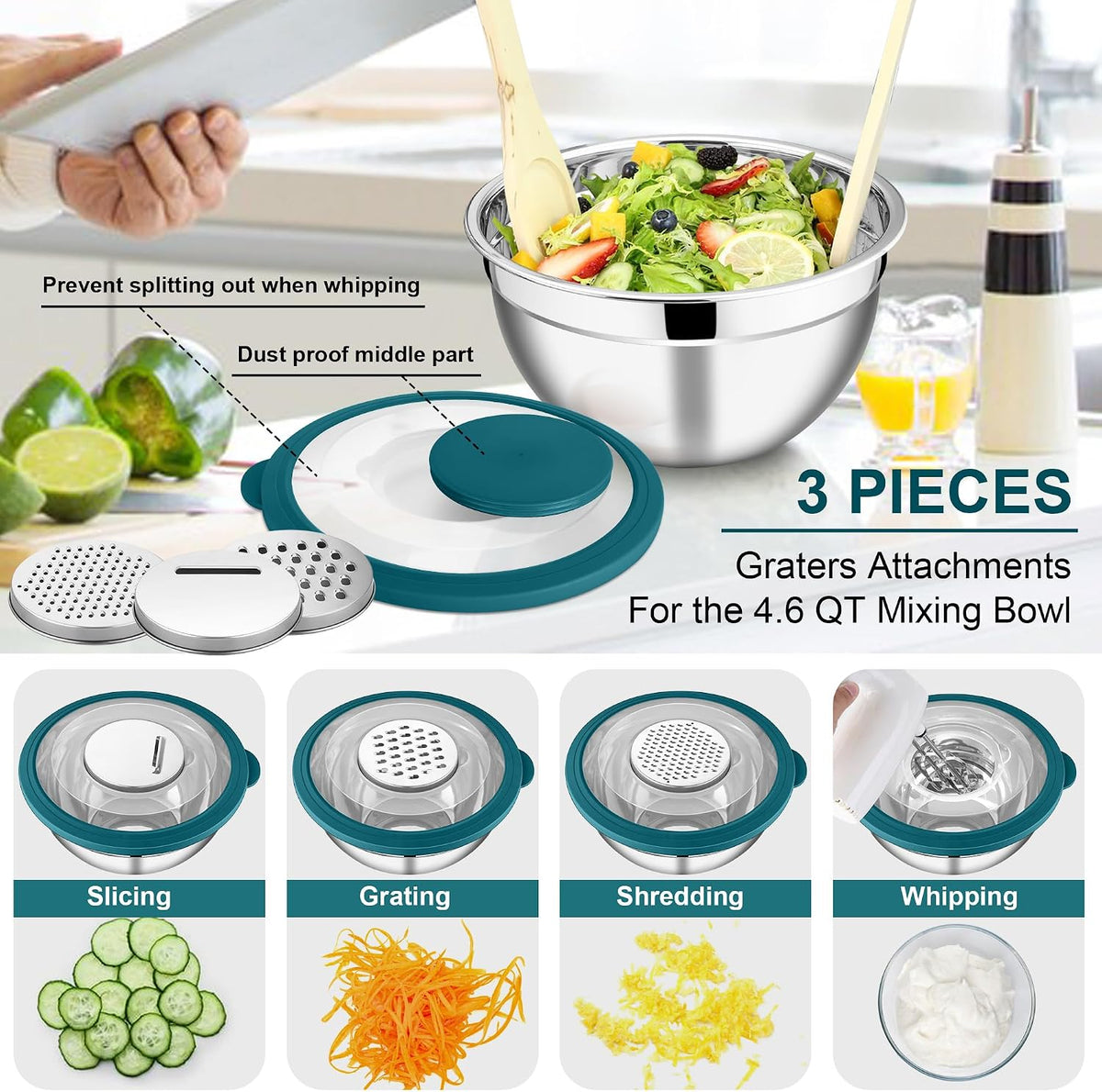 Mixing Bowls, Stainless Steel Salad Mixing Bowl with Lid & Grater Set