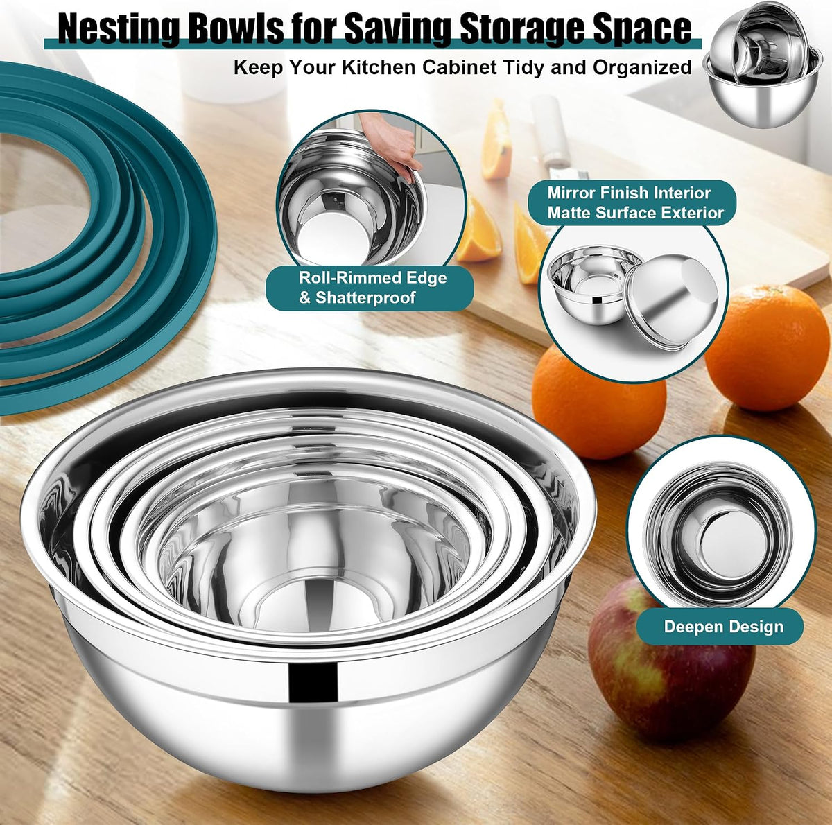Mixing Bowls, Stainless Steel Salad Mixing Bowl with Lid & Grater Set