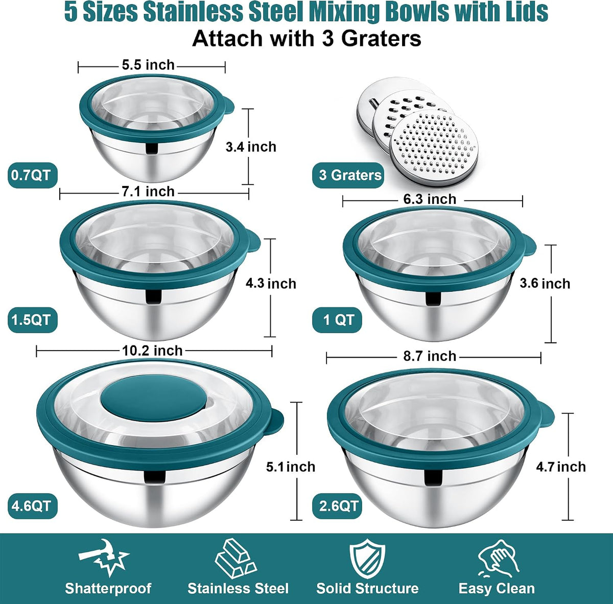 Mixing Bowls, Stainless Steel Salad Mixing Bowl with Lid & Grater Set