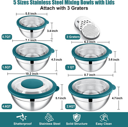 Mixing Bowls, Stainless Steel Salad Mixing Bowl with Lid & Grater Set