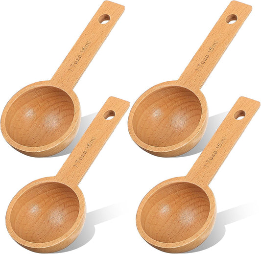 4 PCS Wooden Measuring Spoons Coffee Measuring Scoop Wooden Scoops for Jars 1 Tablespoon Beech Coffee Scoop Small Sugar Scoops for Canister for Ground Coffees Beans Sugar Tea Bath Salt Containers