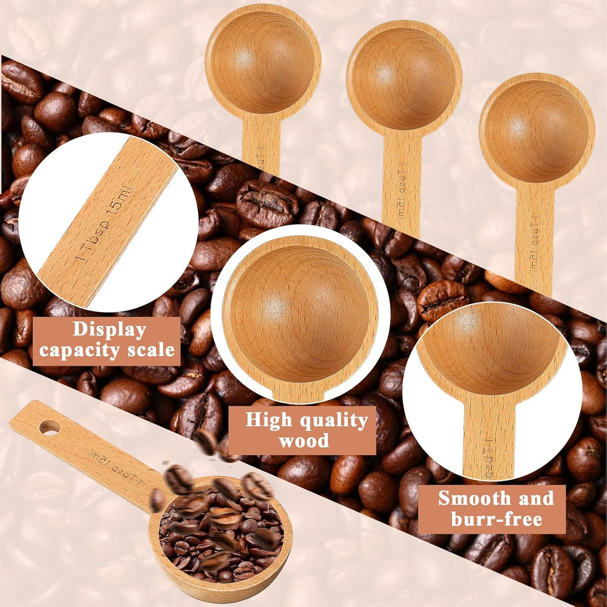 4 PCS Wooden Measuring Spoons Coffee Measuring Scoop Wooden Scoops for Jars 1 Tablespoon Beech Coffee Scoop Small Sugar Scoops for Canister for Ground Coffees Beans Sugar Tea Bath Salt Containers