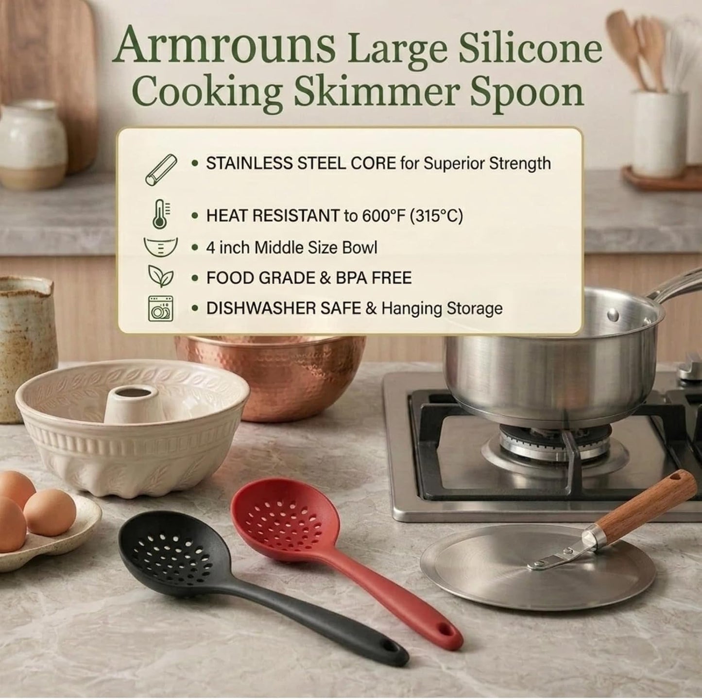 Skimmer Slotted Spoon 2PC Set, Heat Resistant 600 °F Slotted ladle Spoons For Kitchen Cooking. (Black & Red)