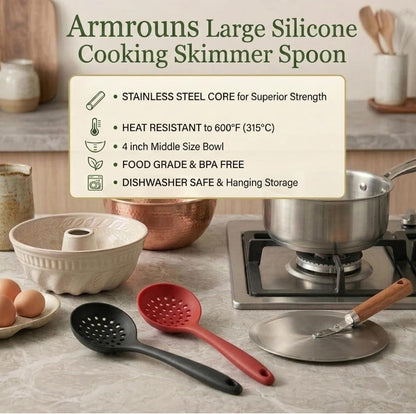 Skimmer Slotted Spoon 2PC Set, Heat Resistant 600 °F Slotted ladle Spoons For Kitchen Cooking. (Black & Red)