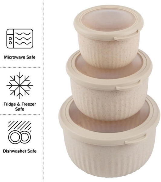 Set of 3 Bowls with Lids - Microwave, Freezer, and Fridge Safe Nesting Mixing Bowls - Eco-Conscious Kitchen Essentials (Beige), S, M, L
