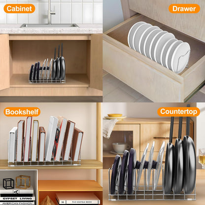 Lid Organizer Pot Lid Organizer 10-Tier Pot Lid Rack Holder Suitable for Bakeware Dish Plate, Cutting Boards, Pots & Pans, Serving Trays, Reusable Containers in Cabinet Pantry (1 Pack)