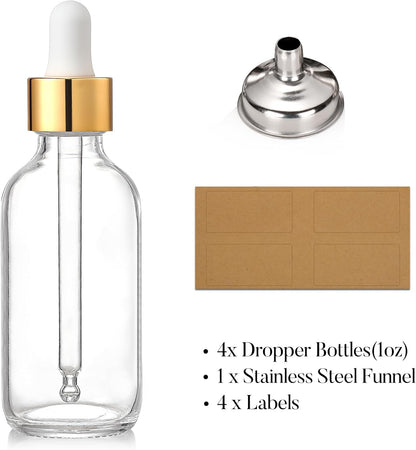 4 Pcs, 1 oz Golden Cap Clear Dropper Bottles (30ml) with 1 Funnel & 4 Labels - Glass Tincture Bottles with Eye Droppers - Leakproof Essential Oil Bottles for Health, Personal Care & Beauty