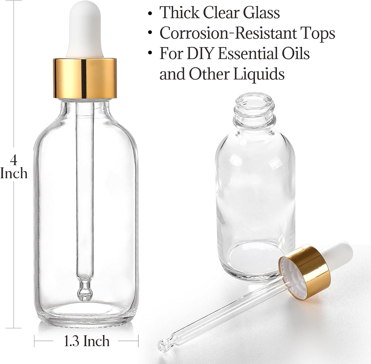 4 Pcs, 1 oz Golden Cap Clear Dropper Bottles (30ml) with 1 Funnel & 4 Labels - Glass Tincture Bottles with Eye Droppers - Leakproof Essential Oil Bottles for Health, Personal Care & Beauty