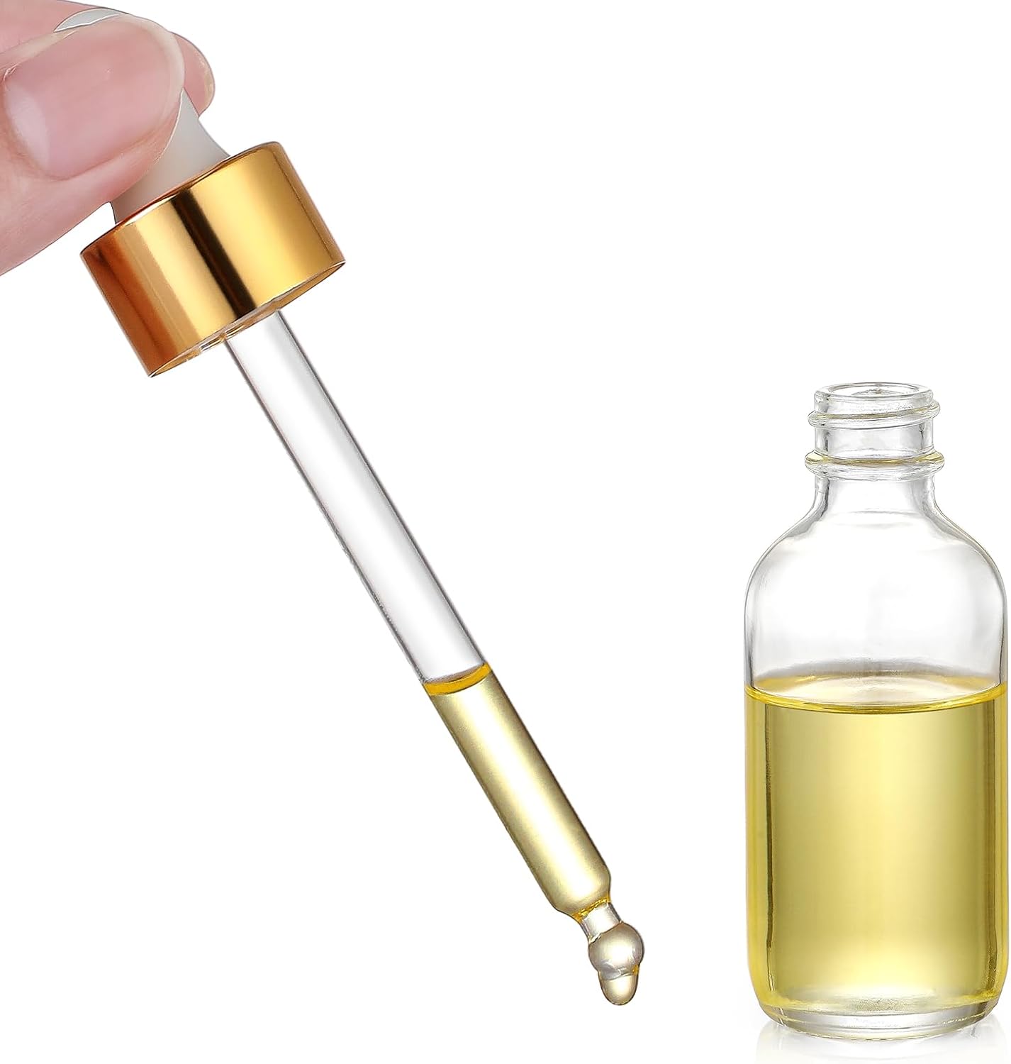 4 Pcs, 1 oz Golden Cap Clear Dropper Bottles (30ml) with 1 Funnel & 4 Labels - Glass Tincture Bottles with Eye Droppers - Leakproof Essential Oil Bottles for Health, Personal Care & Beauty