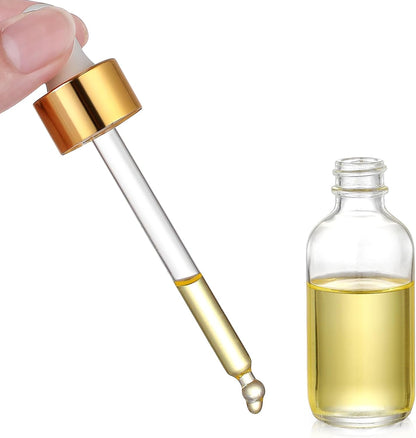 4 Pcs, 1 oz Golden Cap Clear Dropper Bottles (30ml) with 1 Funnel & 4 Labels - Glass Tincture Bottles with Eye Droppers - Leakproof Essential Oil Bottles for Health, Personal Care & Beauty
