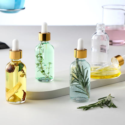 4 Pcs, 1 oz Golden Cap Clear Dropper Bottles (30ml) with 1 Funnel & 4 Labels - Glass Tincture Bottles with Eye Droppers - Leakproof Essential Oil Bottles for Health, Personal Care & Beauty