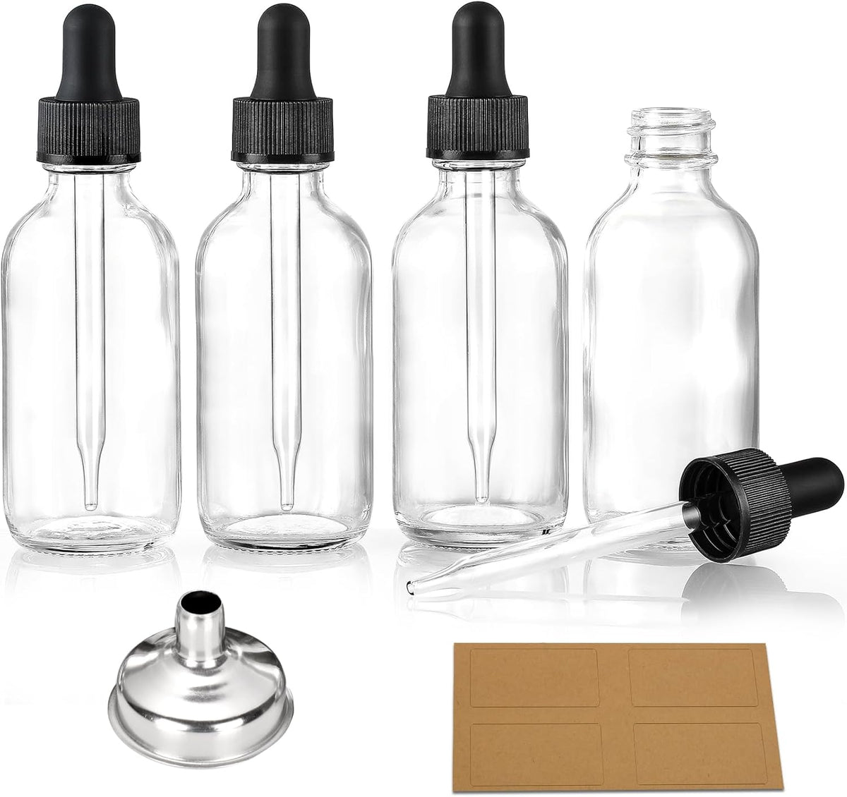 4 Pcs, 1 oz Golden Cap Clear Dropper Bottles (30ml) with 1 Funnel & 4 Labels - Glass Tincture Bottles with Eye Droppers - Leakproof Essential Oil Bottles for Health, Personal Care & Beauty