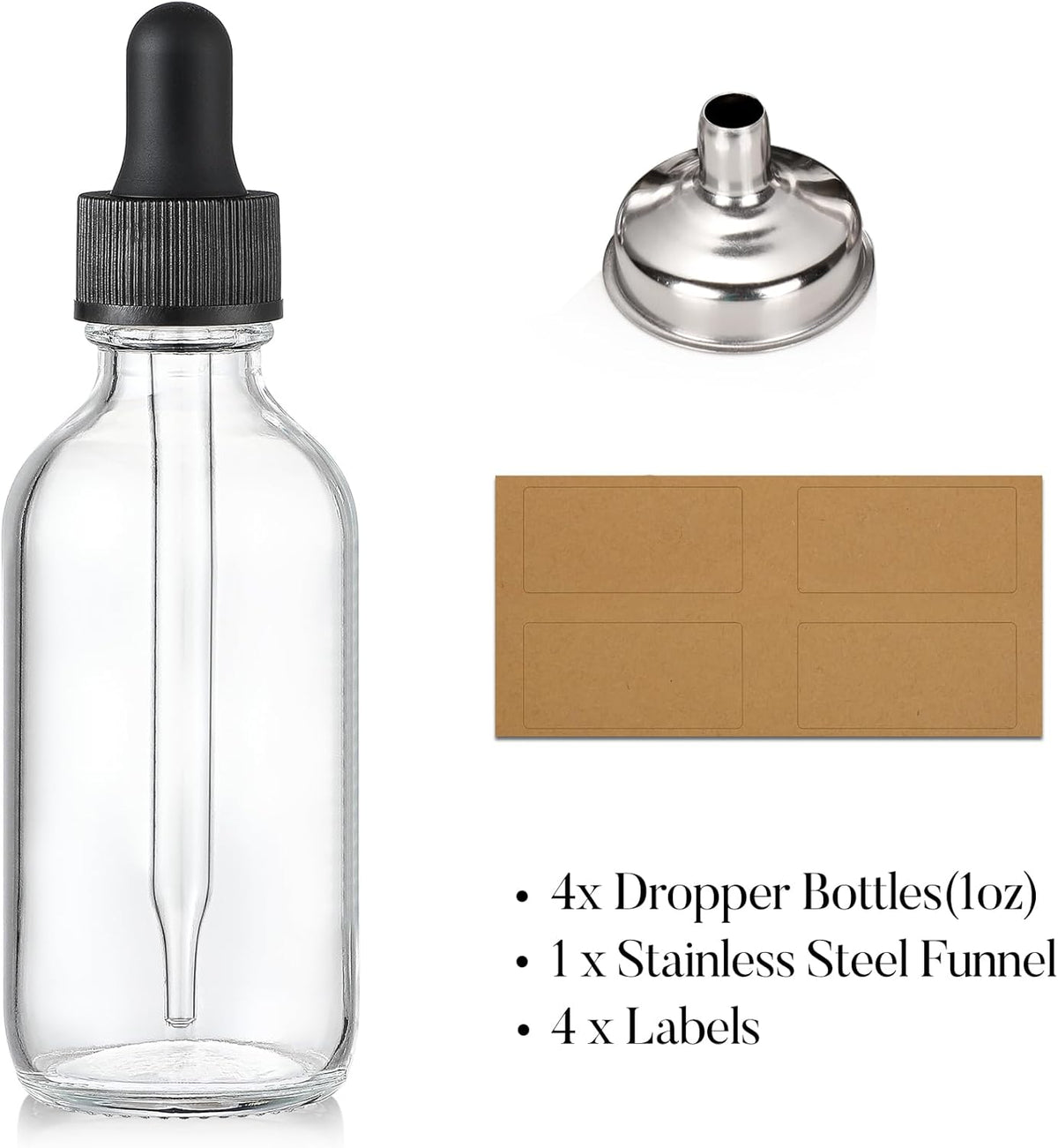 4 Pcs, 1 oz Golden Cap Clear Dropper Bottles (30ml) with 1 Funnel & 4 Labels - Glass Tincture Bottles with Eye Droppers - Leakproof Essential Oil Bottles for Health, Personal Care & Beauty