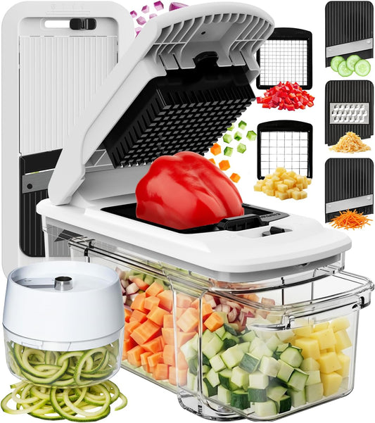 XL Vegetable Chopper & Mandoline Slicer – Vegetable, Onion, Potato, Food, Veggie & Fruit Slicer, Dicer & Spiralizer with Pull-Out Catch Tray, Kitchen Gadgets & Gifts (6 in 1, Black/White)