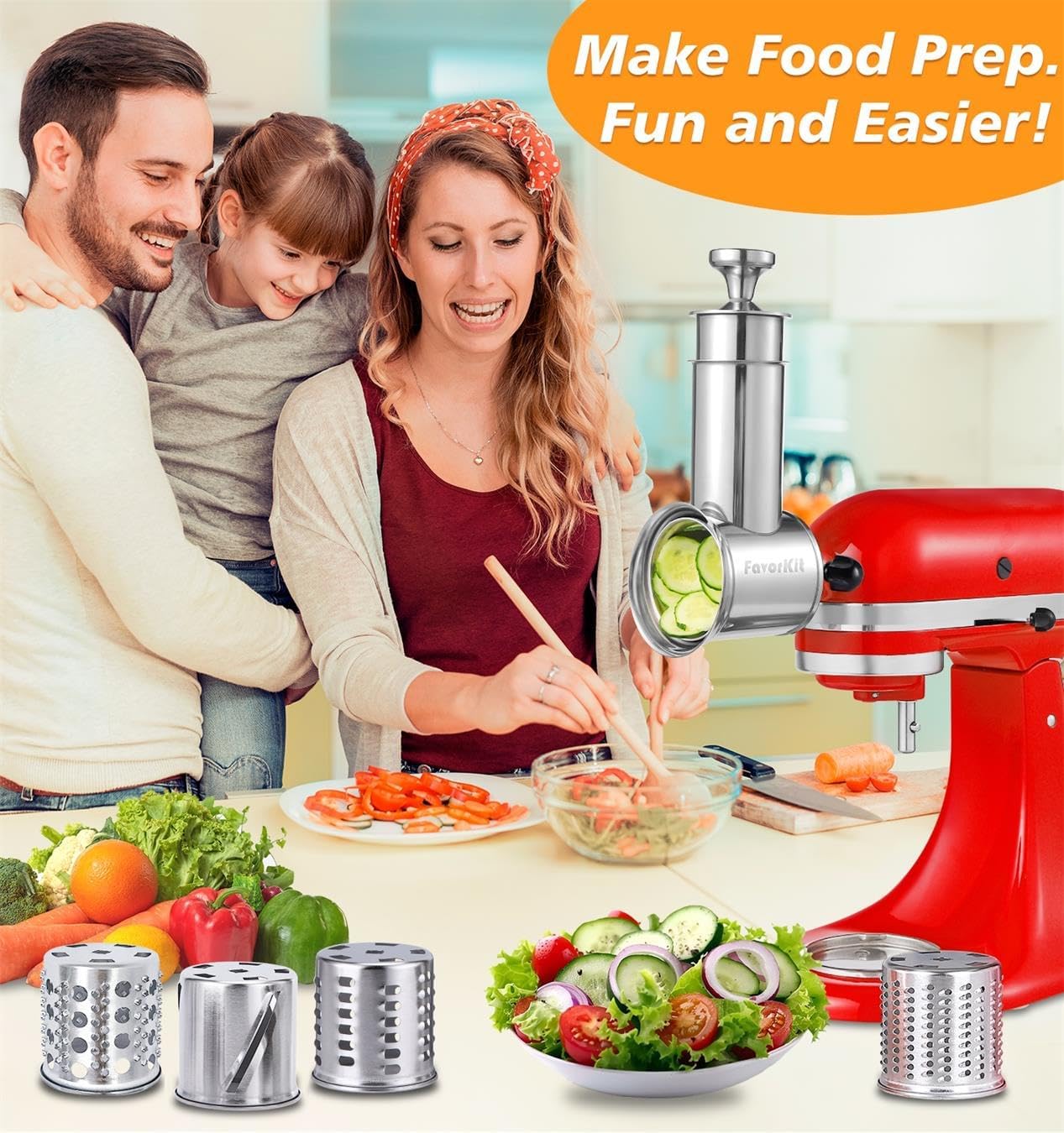 FavroKit Fresh Prep. Cheese Grater Attachment for KitchenAid Stand Mixers | Full Stainless Steel Slicer Shredder,60mm Feed Tube,Ergonomic Pusher,Dishwasher Safe Salad Maker Accessories,4 Thick Blades