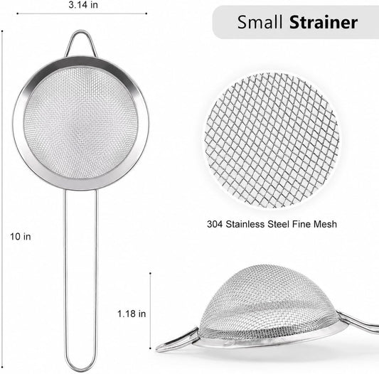 D Fine Mesh Strainer, Stainless Steel Sieve Sifter with Handle, 3-Inch | 10x3, Silver,Small Metal Strainer for Loose Tea, Juice, Drink, Herbs, Mini Sifter for Flour, Matcha, Kitchen, Baking