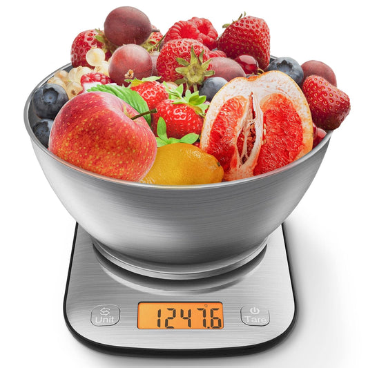 Food Kitchen Scale Digital Weight Grams and Oz 11lb/0.01oz | With IPX6 Waterproof，Professional Stainless Steel Digital Kitchen Food Scale With Bowl For Weight Loss Dieting Baking Cooking