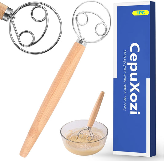 Danish Dough Whisk for Sourdough Bread, Heavy Duty Stainless Steel Bread Mixer, Wooden Handle Dutch Dough Blender Hook for Artisan Baking