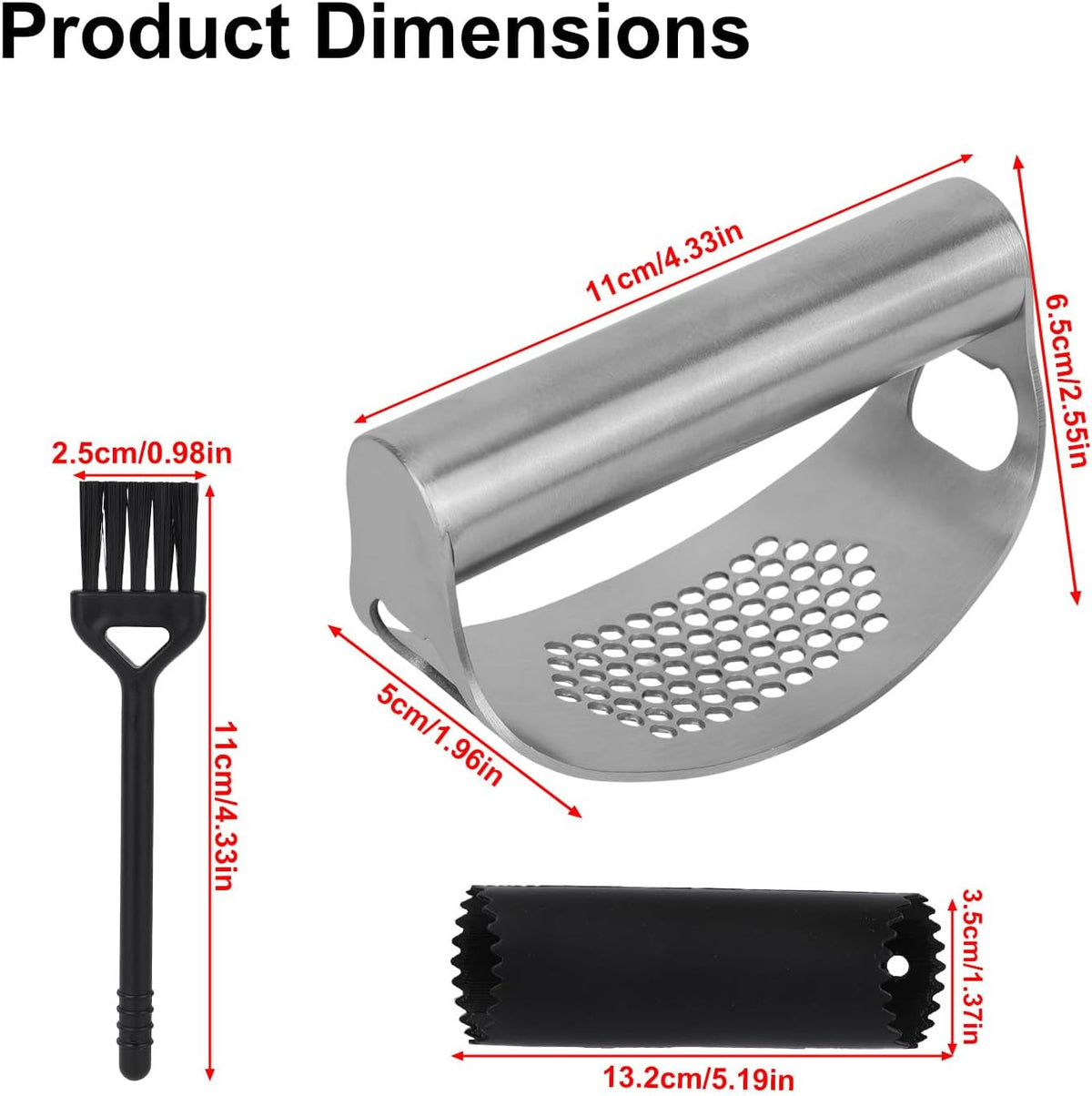Stainless Steel Hand Garlic Rocker Presser Set, Garlic Press Smasher with Plastic Peeler Roller and Brush Ginger Crusher Mincer Cutter Supplies for Kitchen Dicer Chopper Grater Gadgets