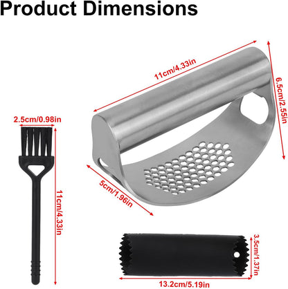 Stainless Steel Hand Garlic Rocker Presser Set, Garlic Press Smasher with Plastic Peeler Roller and Brush Ginger Crusher Mincer Cutter Supplies for Kitchen Dicer Chopper Grater Gadgets