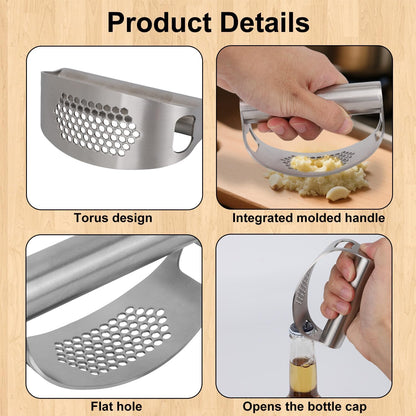 Stainless Steel Hand Garlic Rocker Presser Set, Garlic Press Smasher with Plastic Peeler Roller and Brush Ginger Crusher Mincer Cutter Supplies for Kitchen Dicer Chopper Grater Gadgets