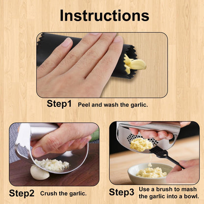 Stainless Steel Hand Garlic Rocker Presser Set, Garlic Press Smasher with Plastic Peeler Roller and Brush Ginger Crusher Mincer Cutter Supplies for Kitchen Dicer Chopper Grater Gadgets