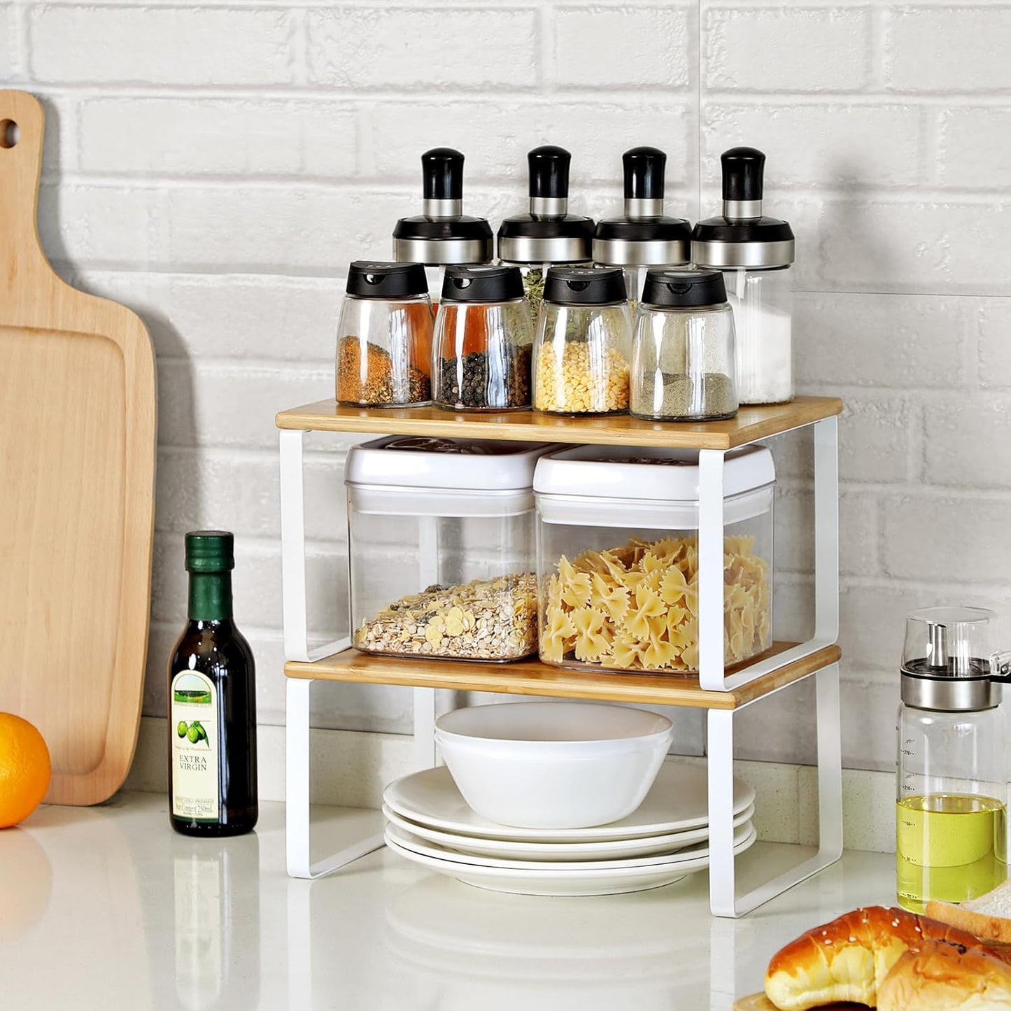 Cabinet Organizer Shelf, Set of 4 Kitchen Counter Shelves, Kitchen Storage, Spice Rack, Stackable, Expandable, Metal and Engineered Wood, Cloud White and Natural Beige UKCS010N01