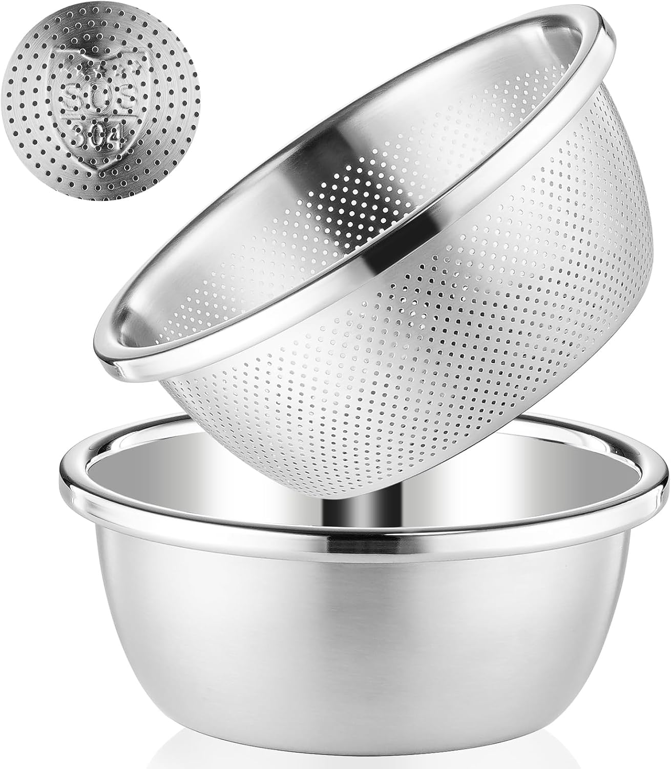 304 Stainless Steel Colander 2QT Microporous Colander & Mixing Bowl for Kitchen Cooking,Rice Strainer with Washing Bowl for Pasta Straining,Fruit Washing,Vegetable Draining(2PCs)