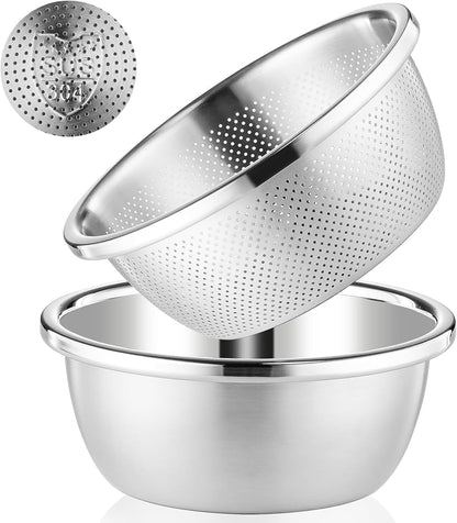 304 Stainless Steel Colander 2QT Microporous Colander & Mixing Bowl for Kitchen Cooking,Rice Strainer with Washing Bowl for Pasta Straining,Fruit Washing,Vegetable Draining(2PCs)