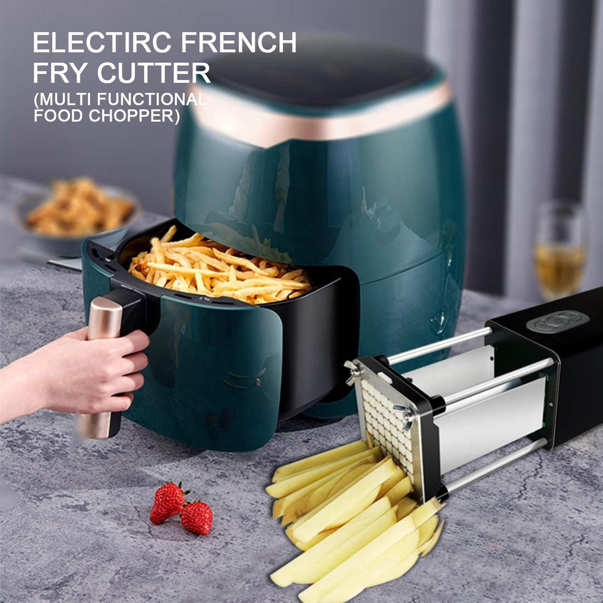 Electric French Fry Cutter, Commercial Vertical French Fry Cutter with 1/2 & 3/8 Inch Blade, Professional Household Electric Potato Cutter, Automatic French Fries