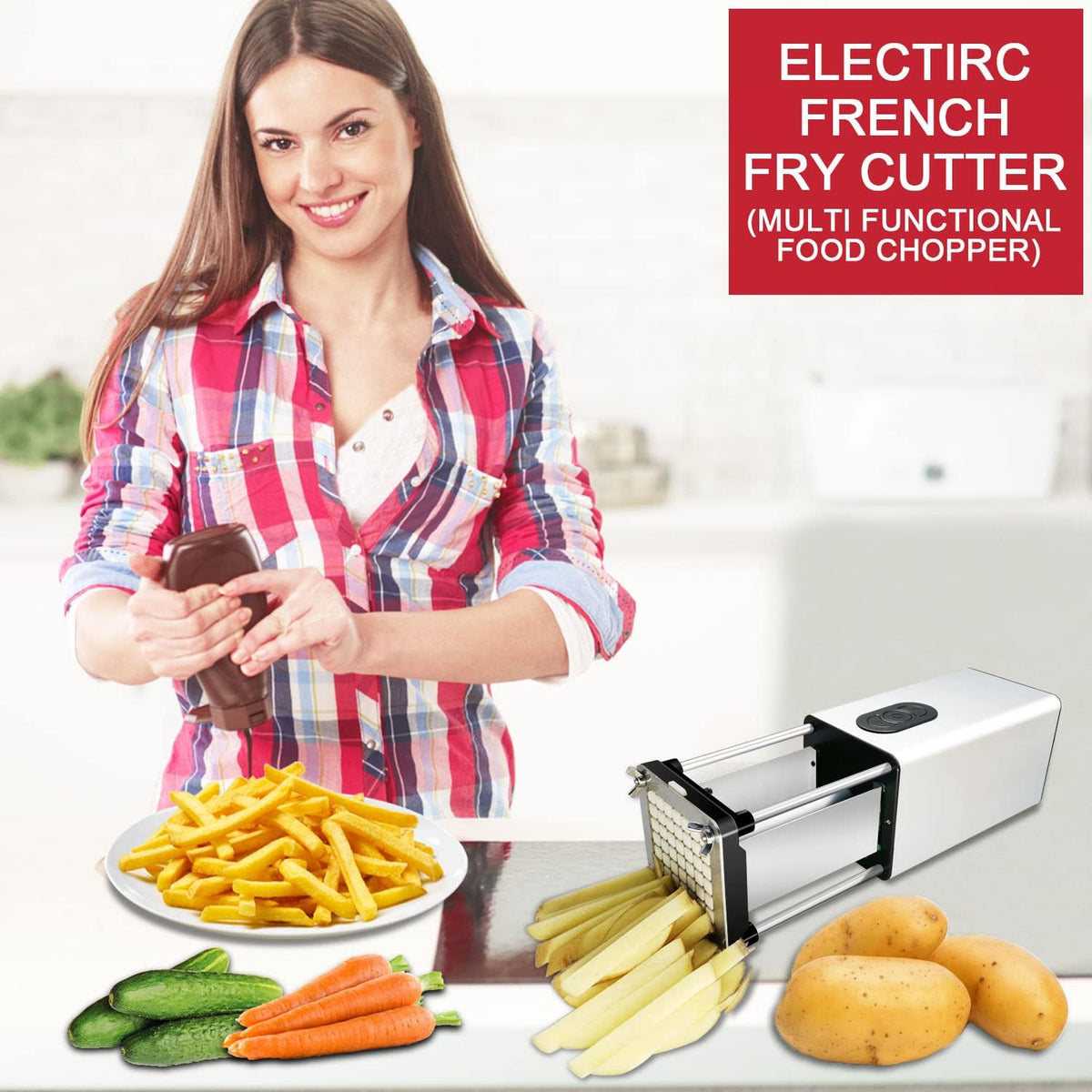 Electric French Fry Cutter, Commercial Vertical French Fry Cutter with 1/2 & 3/8 Inch Blade, Professional Household Electric Potato Cutter, Automatic French Fries