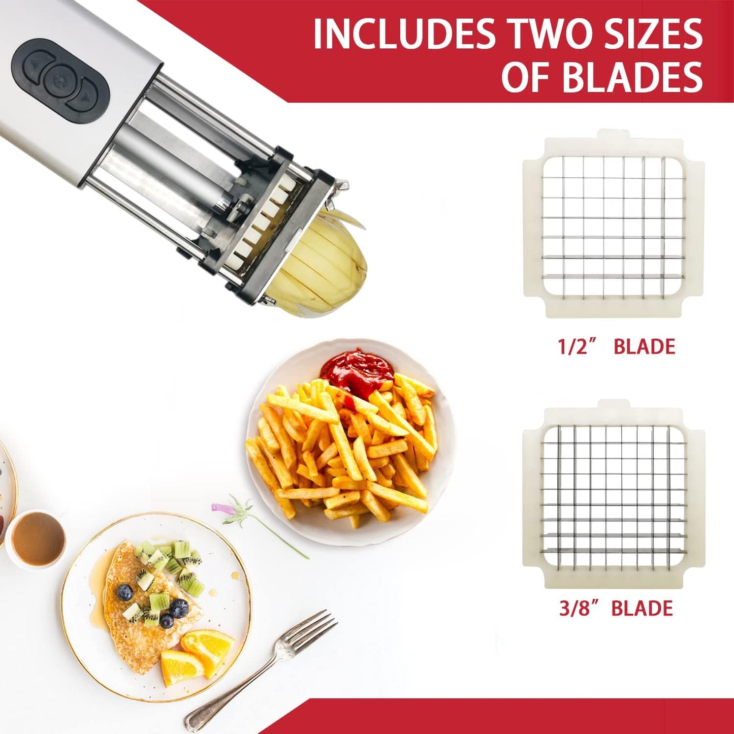 Electric French Fry Cutter, Commercial Vertical French Fry Cutter with 1/2 & 3/8 Inch Blade, Professional Household Electric Potato Cutter, Automatic French Fries