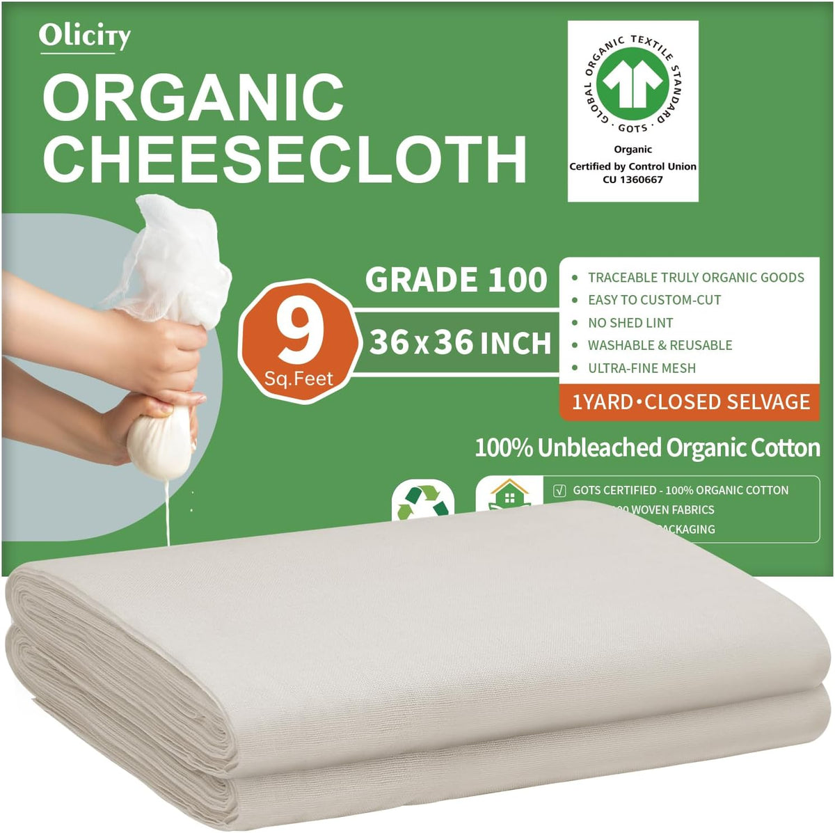 Organic Cheese Cloths, GOTS Certified, 36x36Inch, Reusable Cheese Cloth