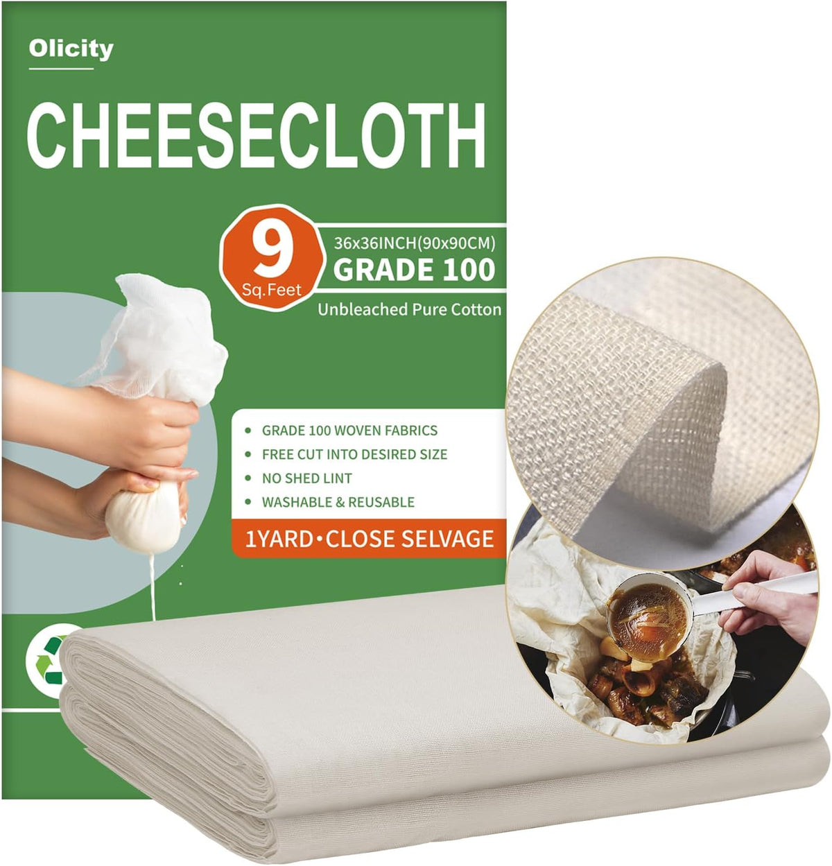 Organic Cheese Cloths, GOTS Certified, 36x36Inch, Reusable Cheese Cloth