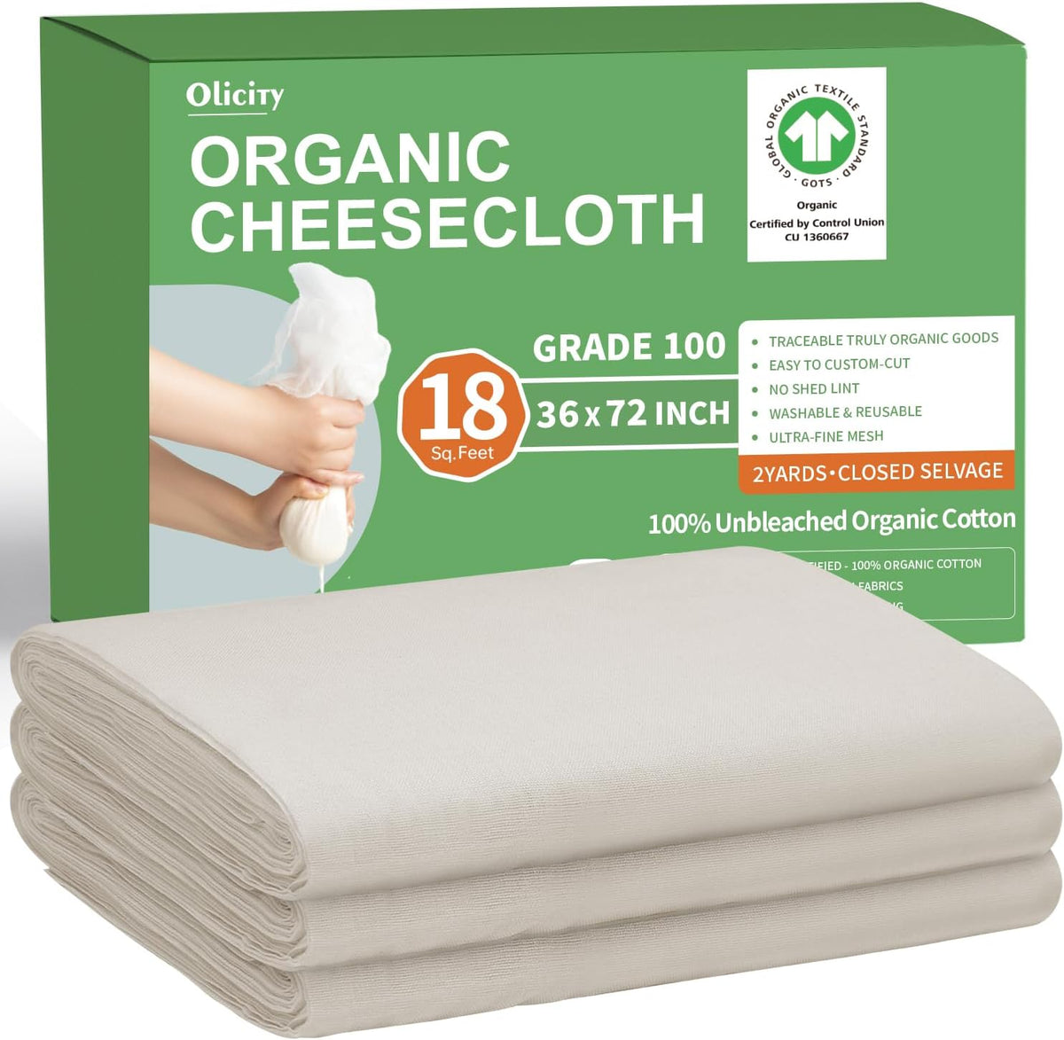 Organic Cheese Cloths, GOTS Certified, 36x36Inch, Reusable Cheese Cloth