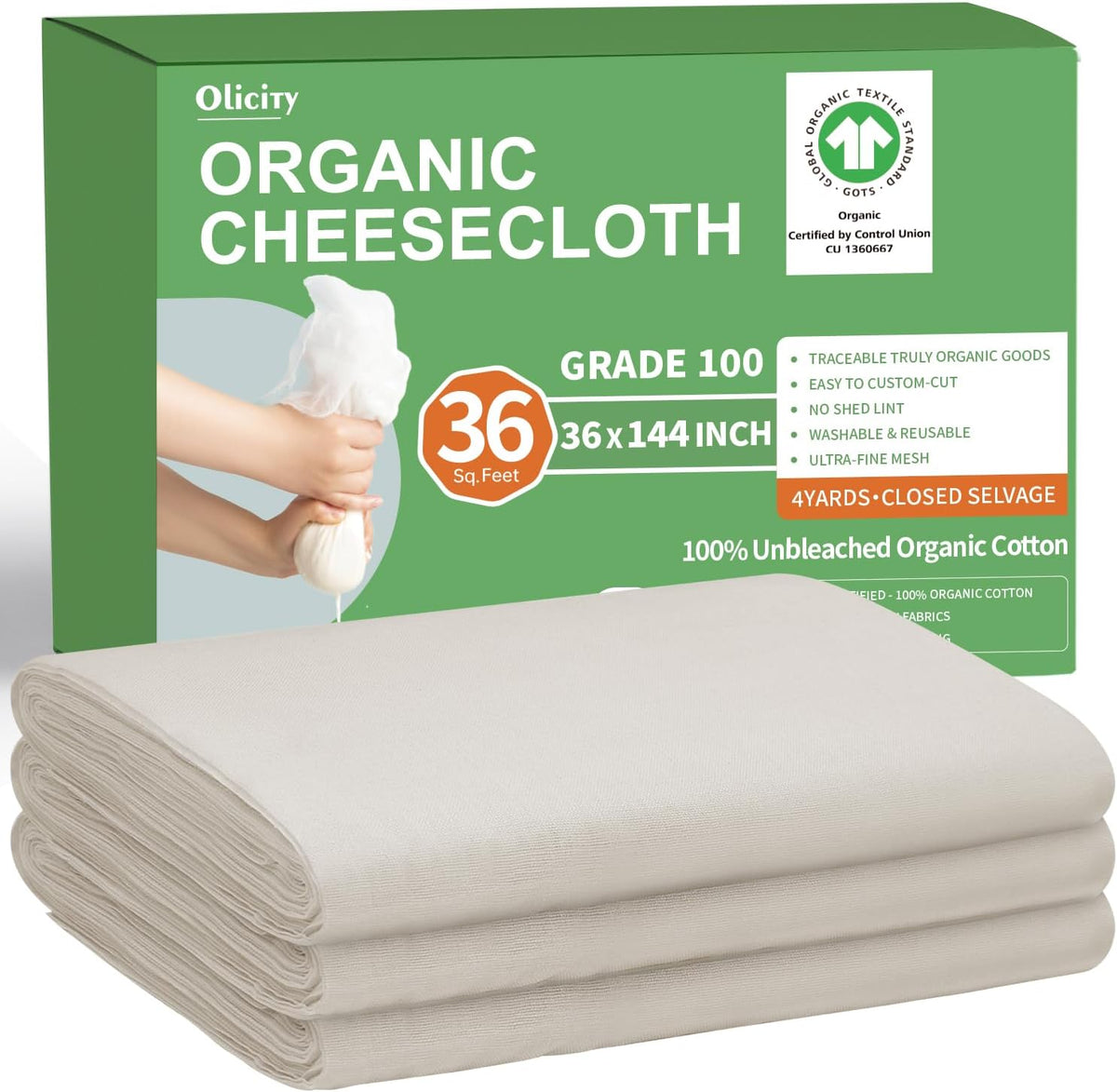 Organic Cheese Cloths, GOTS Certified, 36x36Inch, Reusable Cheese Cloth