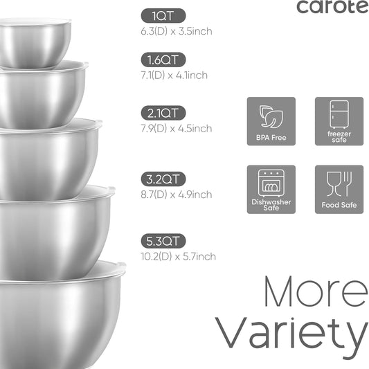 Stainless Steel Mixing Bowls with Lids Set,12 Pcs Nesting Bowls Clear Airtight Lids 3 Grater Attachments,Non-Slip Bottoms & Measurement Marks Mixing Bowls,Size 5,3,2,1.5,1QT