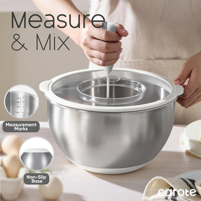 Stainless Steel Mixing Bowls with Lids Set,12 Pcs Nesting Bowls Clear Airtight Lids 3 Grater Attachments,Non-Slip Bottoms & Measurement Marks Mixing Bowls,Size 5,3,2,1.5,1QT