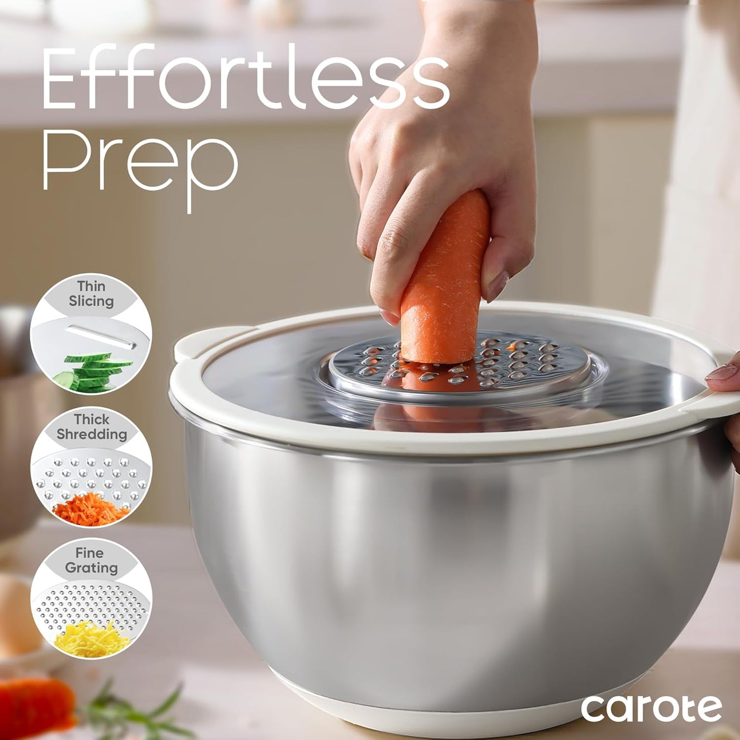 Stainless Steel Mixing Bowls with Lids Set,12 Pcs Nesting Bowls Clear Airtight Lids 3 Grater Attachments,Non-Slip Bottoms & Measurement Marks Mixing Bowls,Size 5,3,2,1.5,1QT