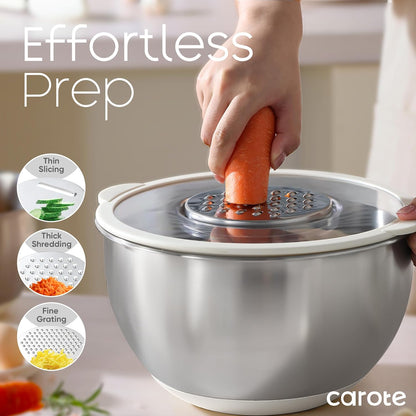 Stainless Steel Mixing Bowls with Lids Set,12 Pcs Nesting Bowls Clear Airtight Lids 3 Grater Attachments,Non-Slip Bottoms & Measurement Marks Mixing Bowls,Size 5,3,2,1.5,1QT