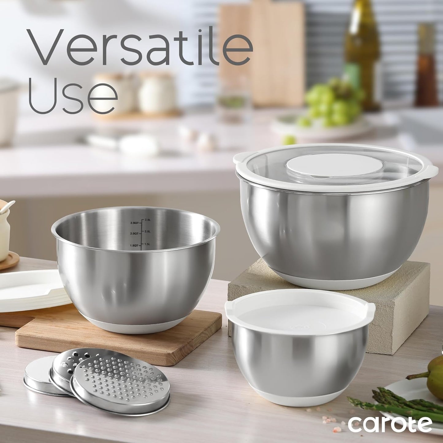 Stainless Steel Mixing Bowls with Lids Set,12 Pcs Nesting Bowls Clear Airtight Lids 3 Grater Attachments,Non-Slip Bottoms & Measurement Marks Mixing Bowls,Size 5,3,2,1.5,1QT