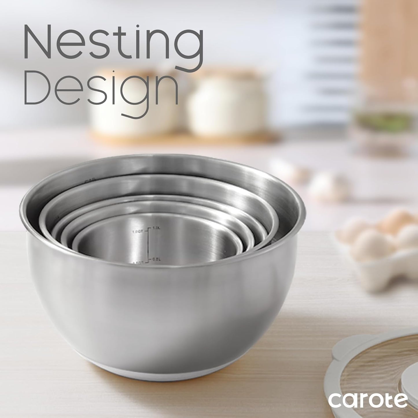 Stainless Steel Mixing Bowls with Lids Set,12 Pcs Nesting Bowls Clear Airtight Lids 3 Grater Attachments,Non-Slip Bottoms & Measurement Marks Mixing Bowls,Size 5,3,2,1.5,1QT
